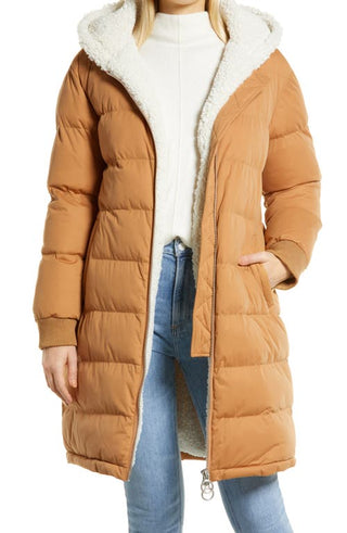 Avec Les Filles Hooded Puffer Coat with Faux Shearling Lining in Caramel/Cream Combo at Nordstrom, Size Small