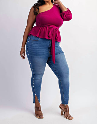 The Curve La - Plus Size One Shoulder Peplum Top With Tie