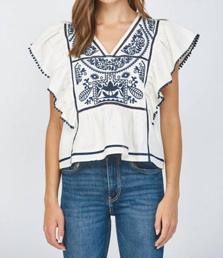 Fate - Lace Insert Embroidered Flutter Sleeve Blouse