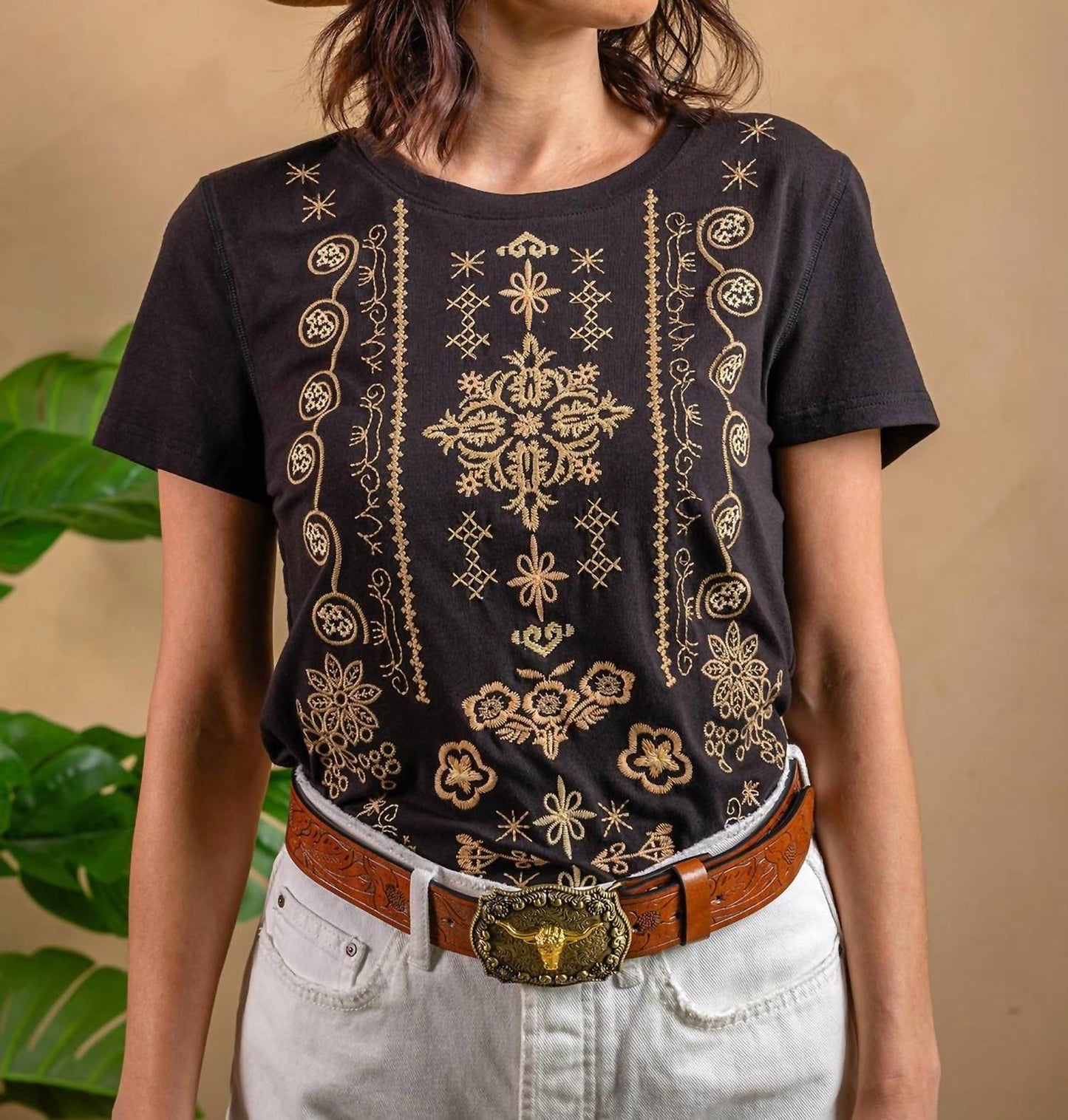 Paparazzi - Embroidered Jersey Knit Tee Top