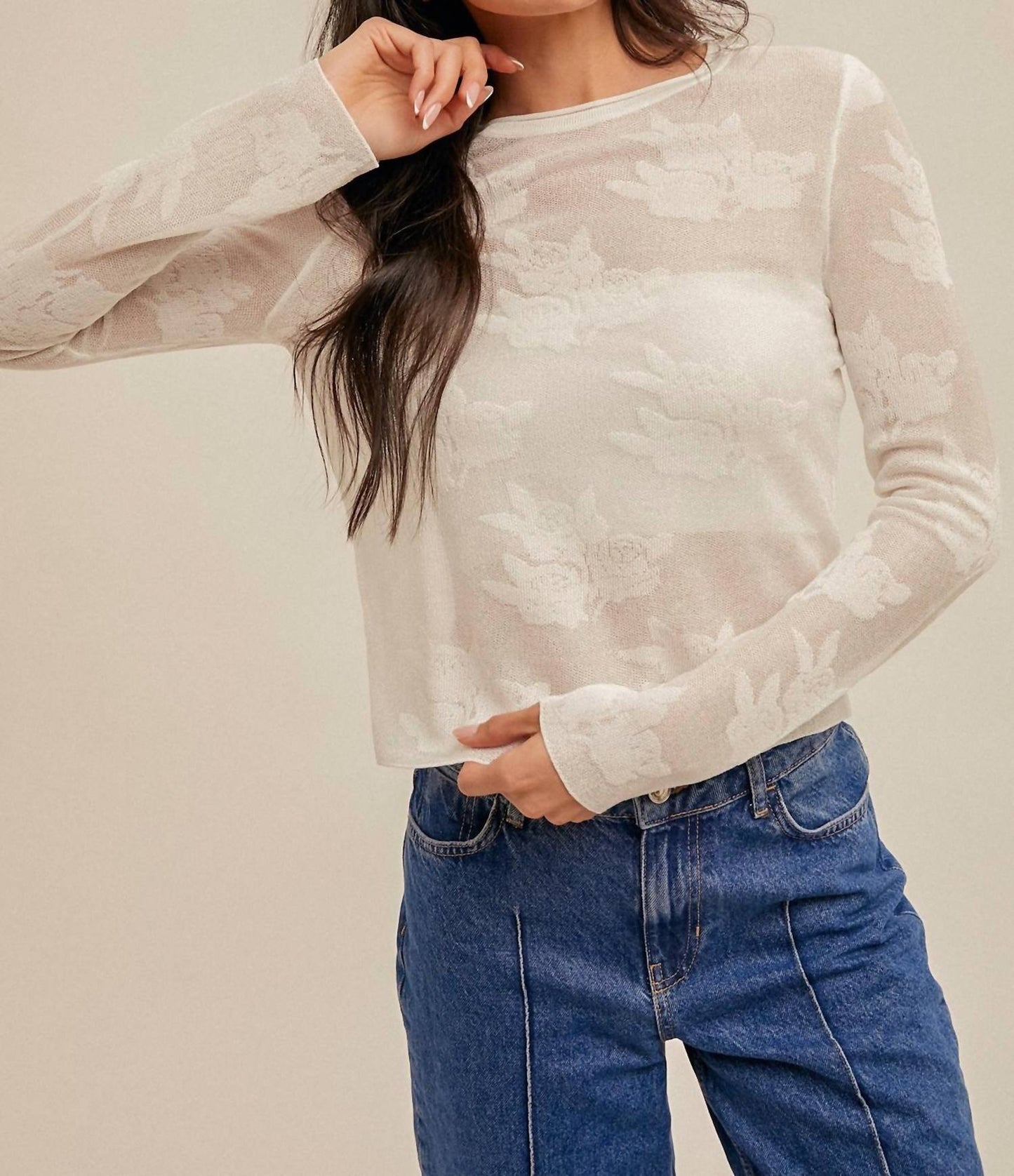 Hem & Thread - Floral Pattern Sheer Sweater Knit Top
