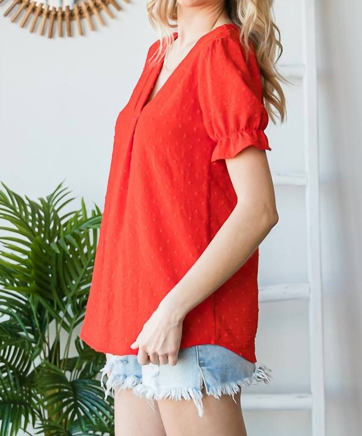 7Th Ray - V-neck Swiss Dot Ruffle Short Sleeve Blouse
