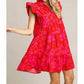 Umgee - Women's Red Mix Floral Ruffle Sleeve Dress