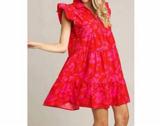 Umgee - Women's Red Mix Floral Ruffle Sleeve Dress