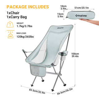 KingCamp Lightweight Highback Camping Lounge Chair with Cupholder & Pocket, Grey