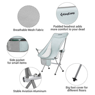 KingCamp Lightweight Highback Camping Lounge Chair with Cupholder & Pocket, Grey