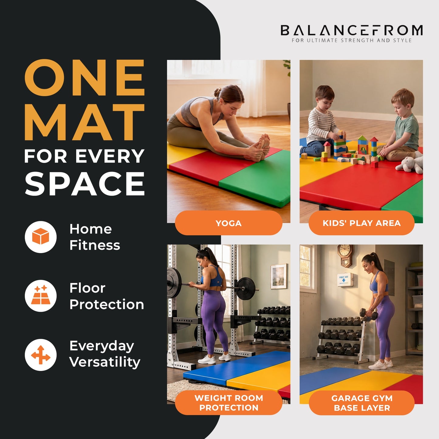 BalanceFrom Fitness 120 x 48" All Purpose Folding Gymnastics Exercise Mat, Multi