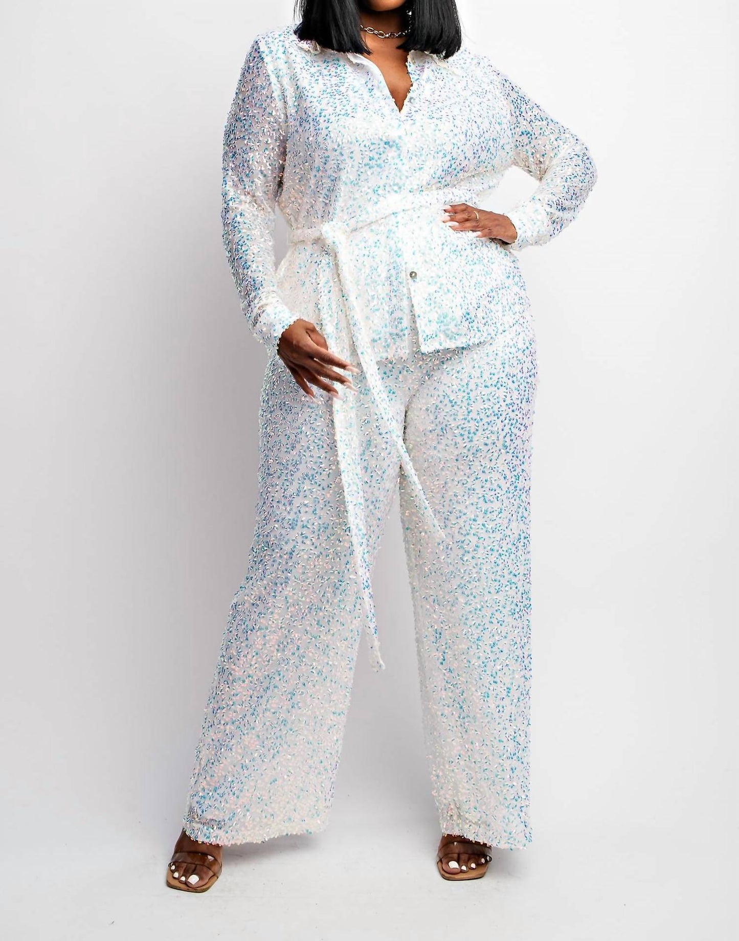 The Curve La - Plus Size Sequins Shirt And Wide-leg Pants Set