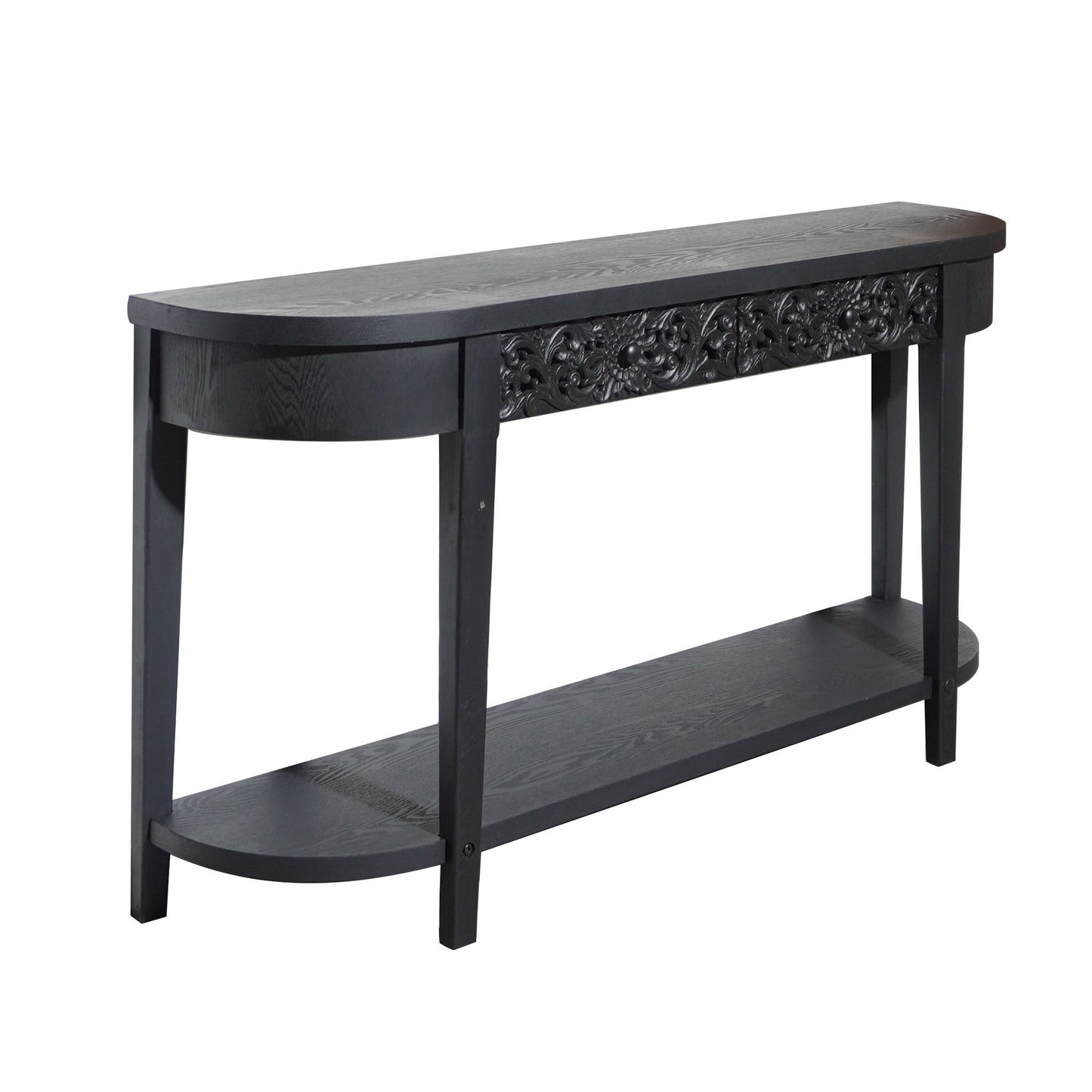 59.2in Black Carved Wooden Console Table with Lower Storage Shelf and Drawers