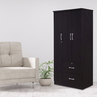 Hodedah Import 3 Door Armoire with Clothing Rod, Shelves, and 2 Drawers, Black