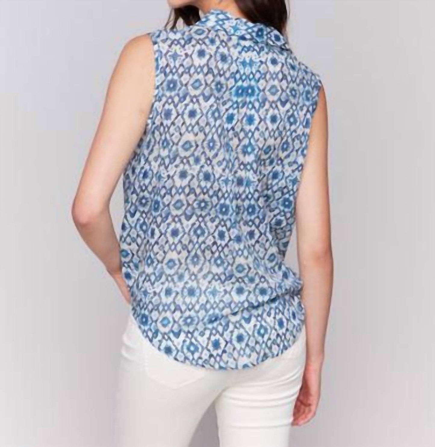 Charlie B - Printed Sleeveless Front Tie Cotton Shirt