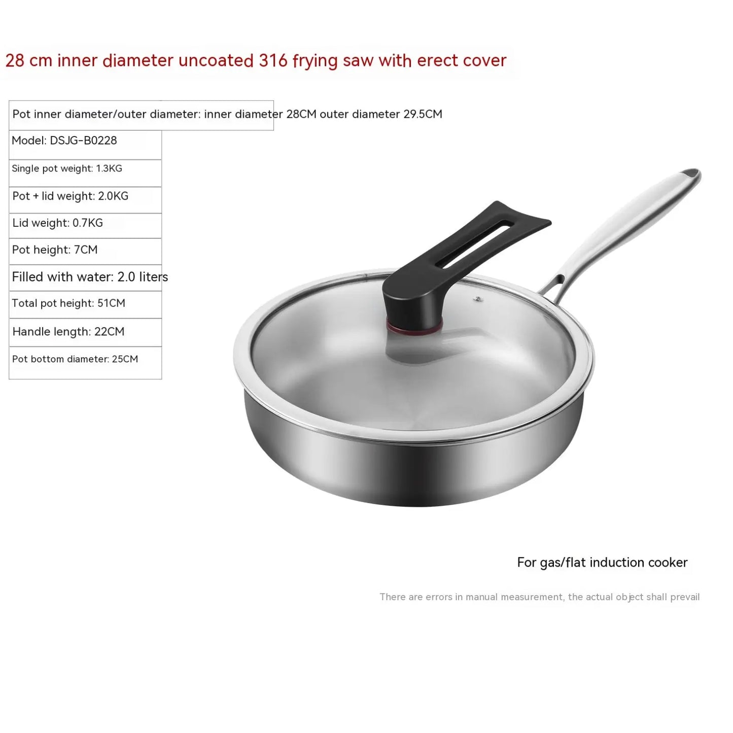 316l Stainless Steel Frying Pan with Glass Lid