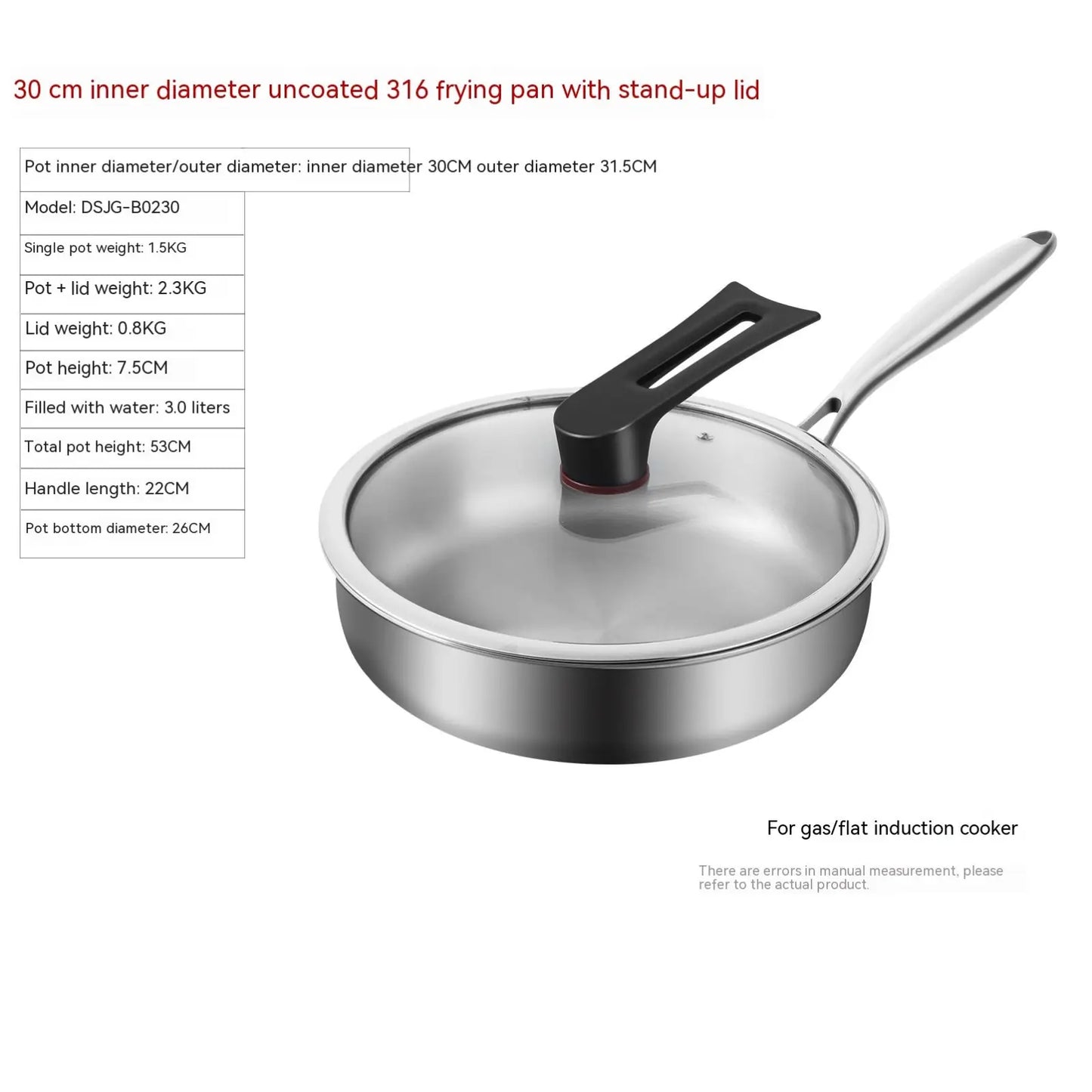 316l Stainless Steel Frying Pan with Glass Lid
