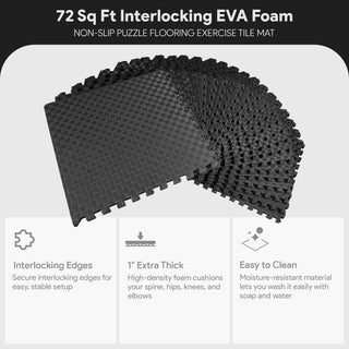 BalanceFrom Fitness 72 Sq Ft Interlocking EVA Foam Exercise Mat Tiles, Black