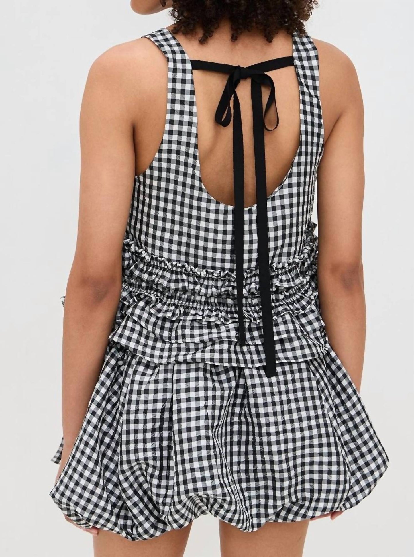 Ganni - Crinkled Taffeta Check Open Back Frill Top