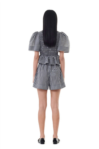 Ganni - SEERSUCKER CHECK OPEN NECK SMOCK TOP
