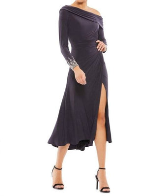 Mac Duggal - Foldover Long Sleeve Jeweled Midi Dress