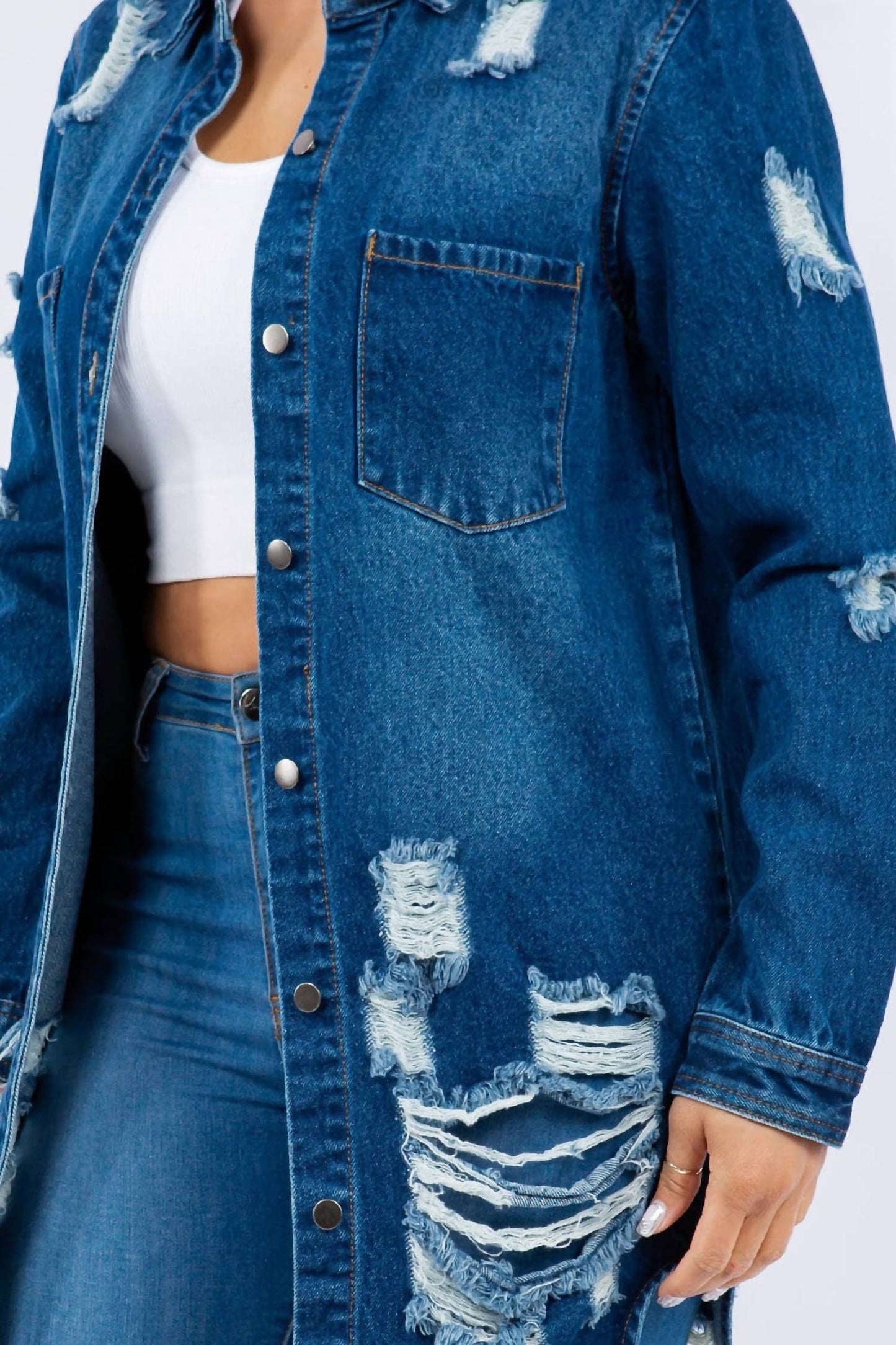 American Bazi - Distressed Button Up Long Sleeve Denim Jacket