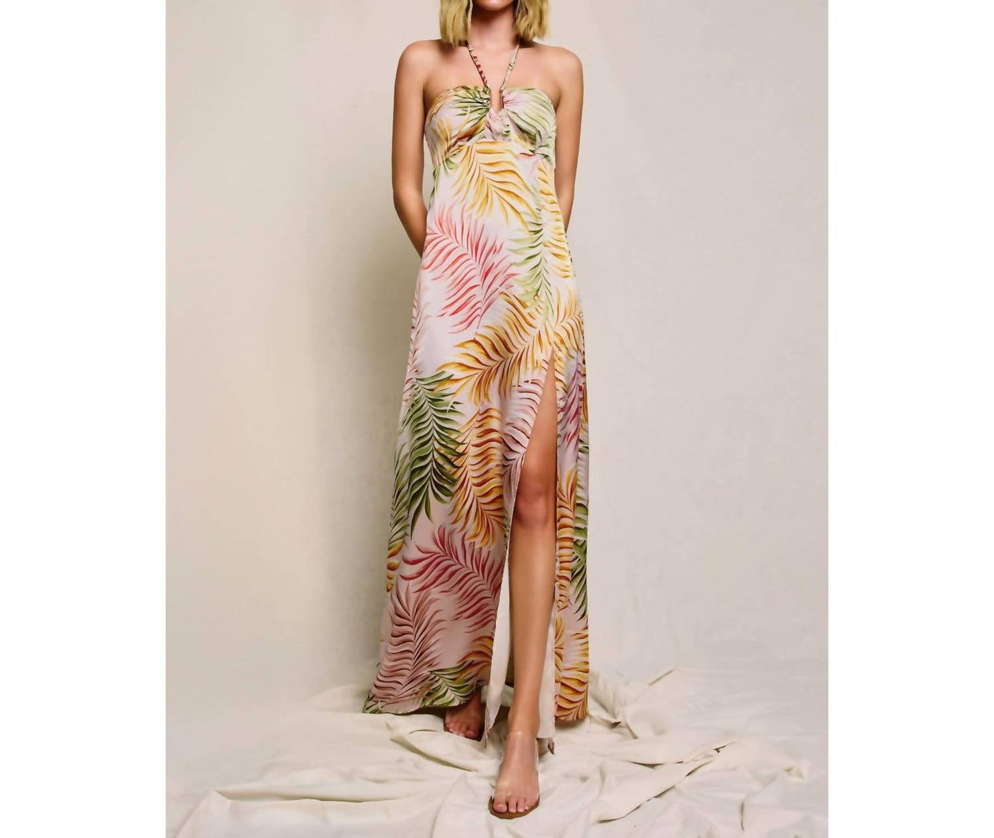 Dress Forum - Tropical Leaf Printed Satin Maxi Dress