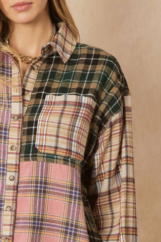 Entro - Color Block Plaid Flannel Top