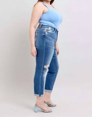Judy Blue - Mid Rise Button Fly Distressed Boyfriend Jeans