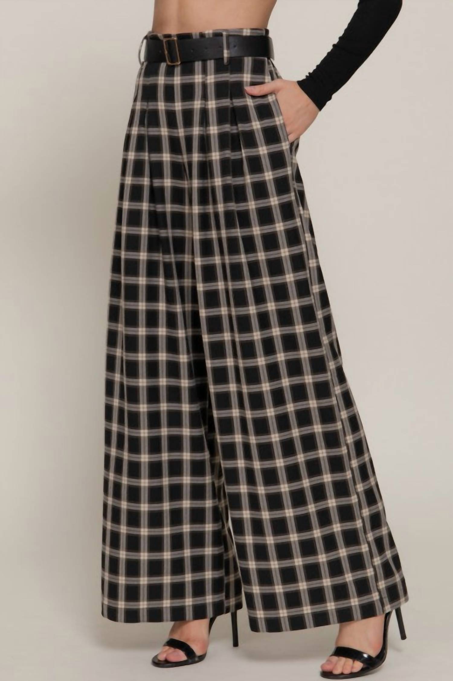 Active Basic - Belted Plaid Wide Long Pants