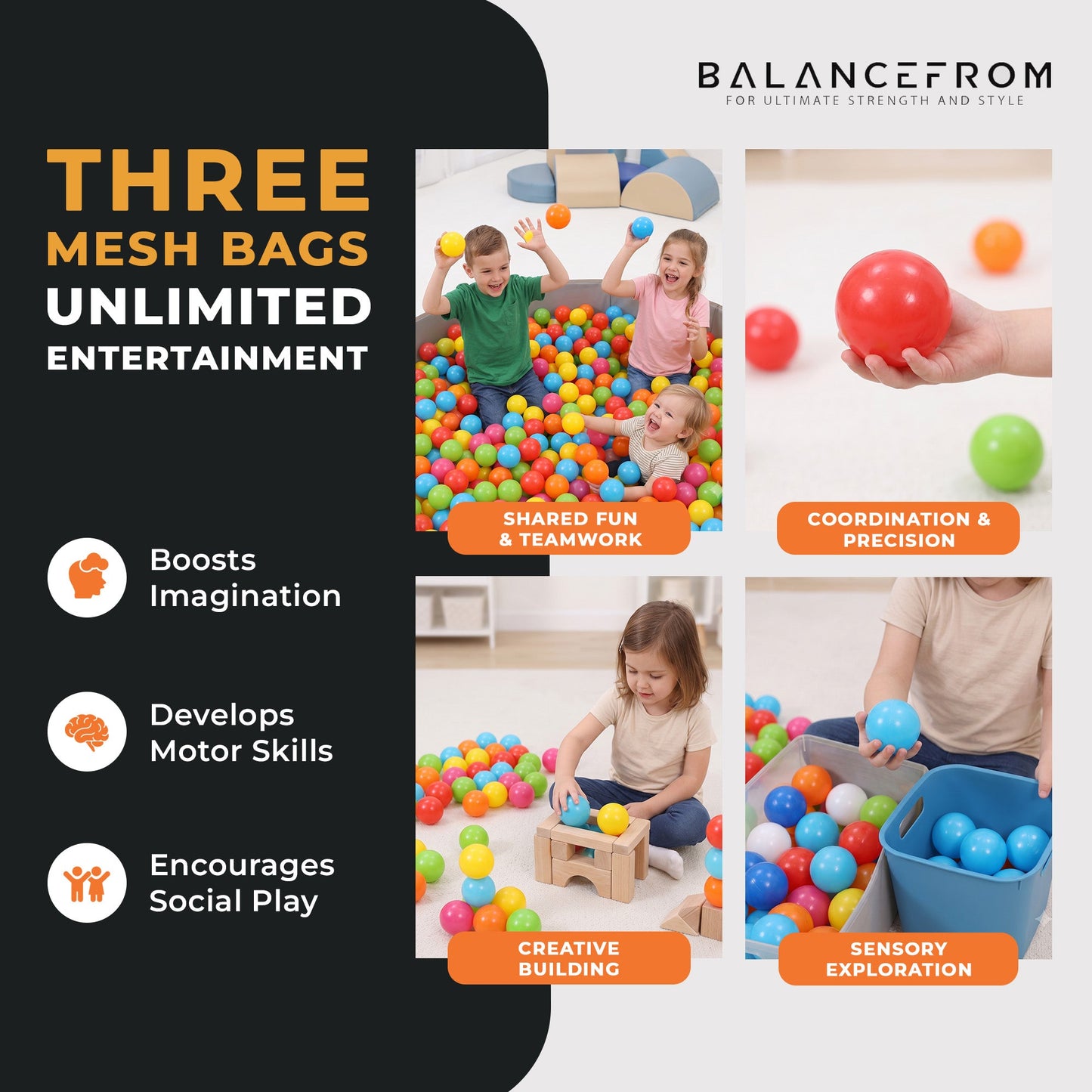 BalanceFrom Fitness 2.3" Play Pit Balls with Storage Bag, Multicolor (3 Pack)