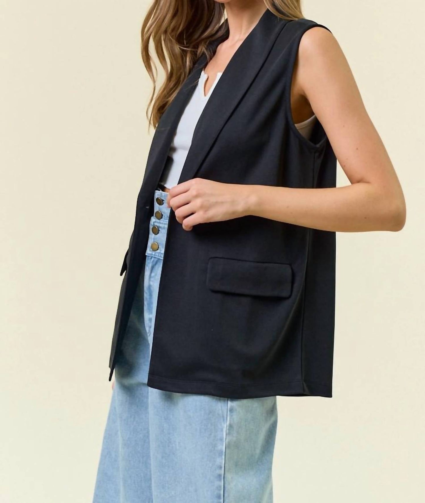 Doe And Rae - Black Shawl Neck Open Front Knit Vest Blazer