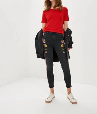 Topshop - Moto Stripe Floral Embroidery High Rise Skinny Jeans