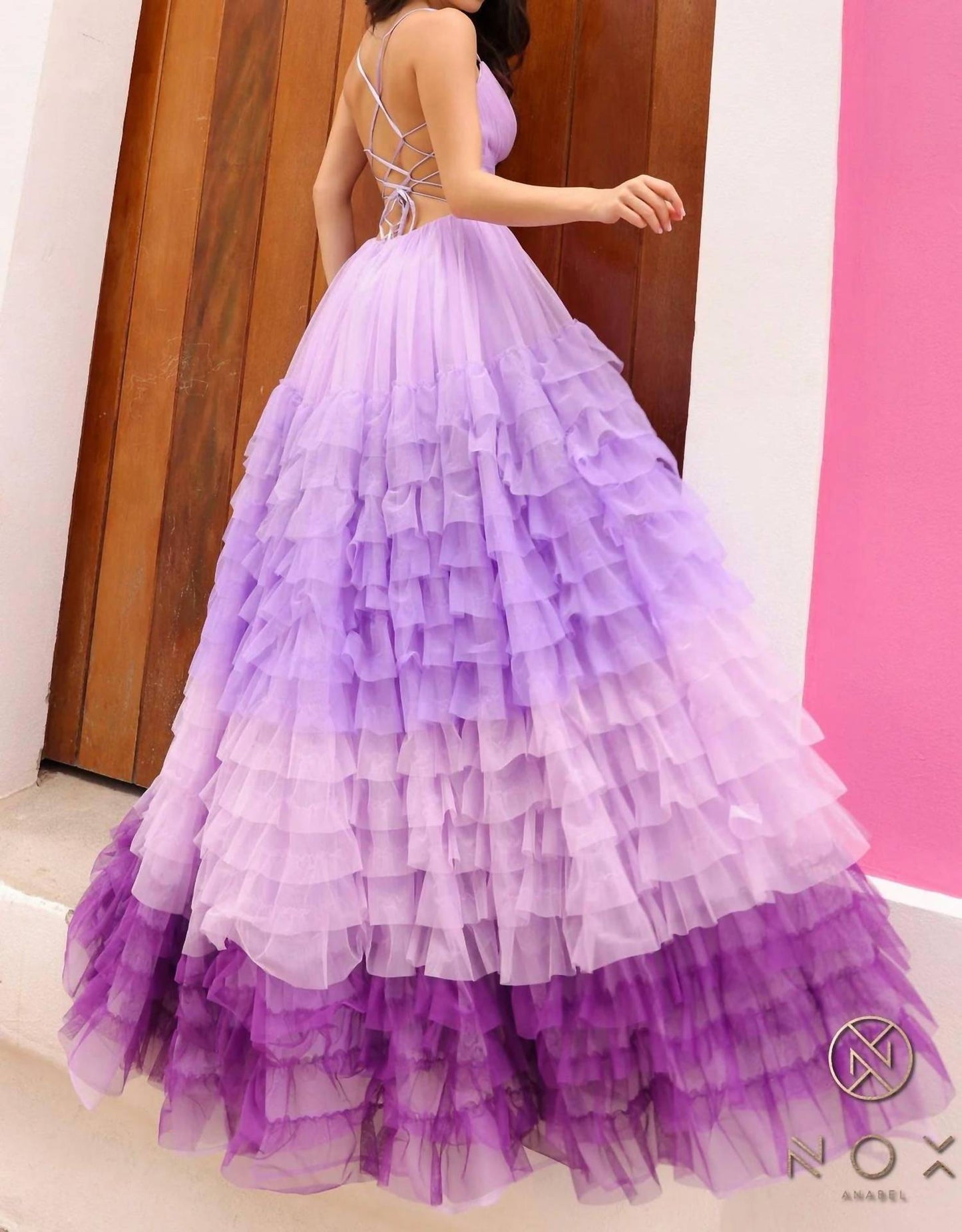 Nox Anabel - Spaghetti Strap Ruffled gown with a slit