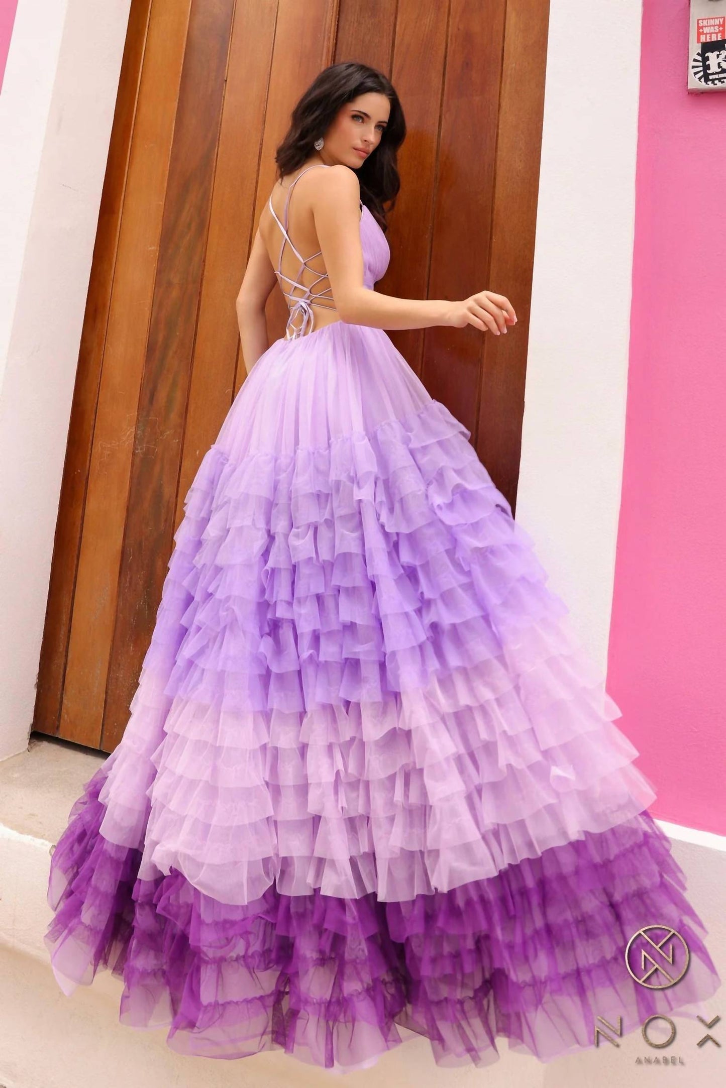 Nox Anabel - Spaghetti Strap Ruffled gown with a slit