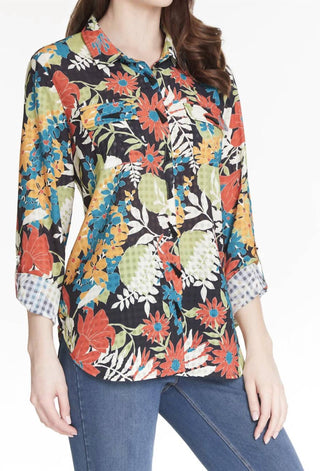Multiples - Print Hi Lo Button Front Blouse