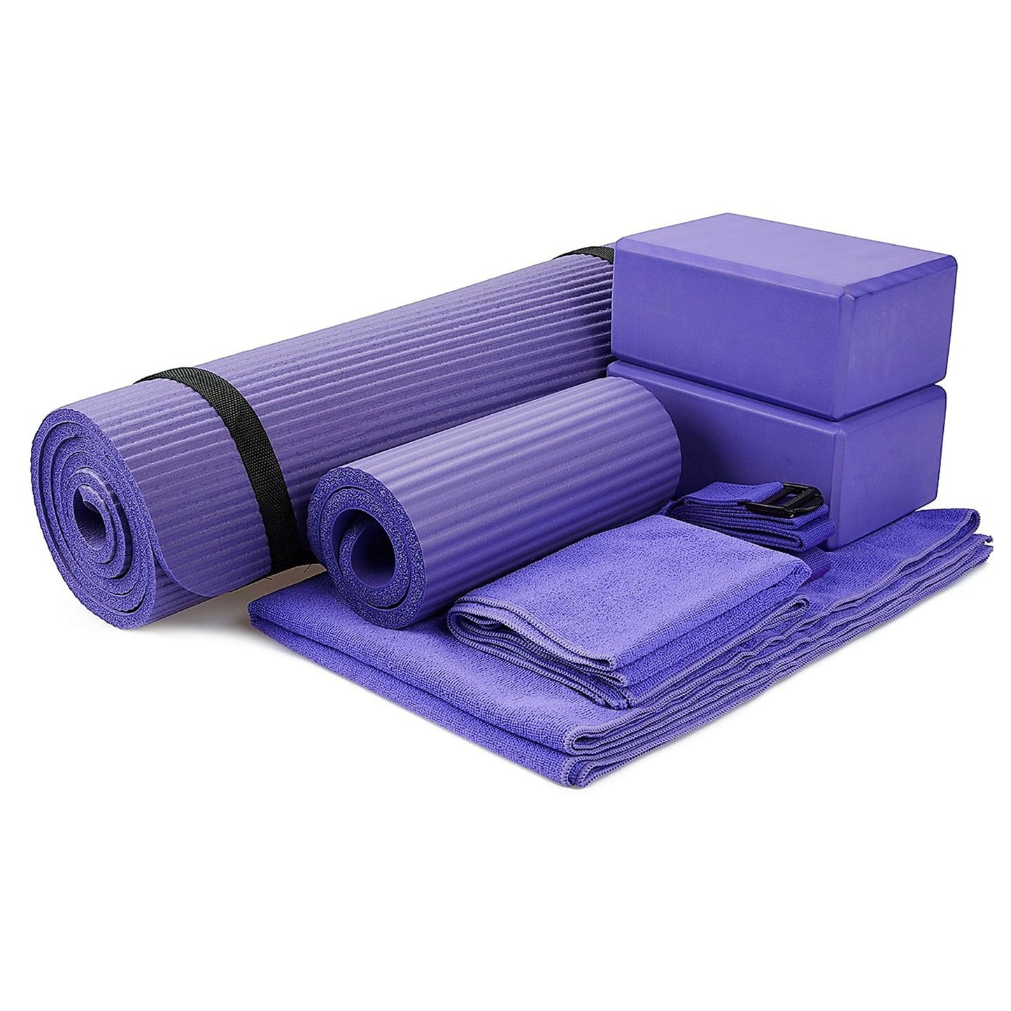 BalanceFrom Fitness 7 Piece Yoga Set with Mat, Stretch Strap & Knee Pad, Purple