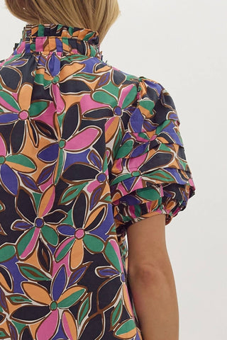 Entro - Floral Print Short Sleeve Tiered Detail Blouse