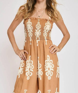 Trendsi - Umgee Full Size Smocked Printed Wide Leg Jumpsuit Plus Size