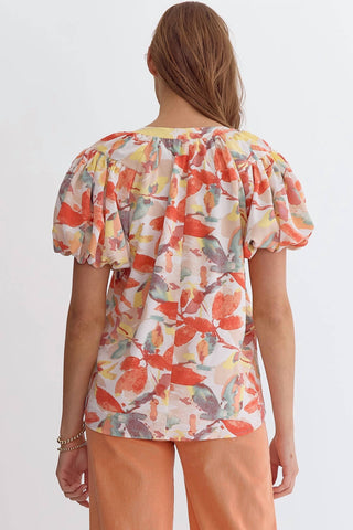 Entro - Floral Print Bubble Sleeve Blouse