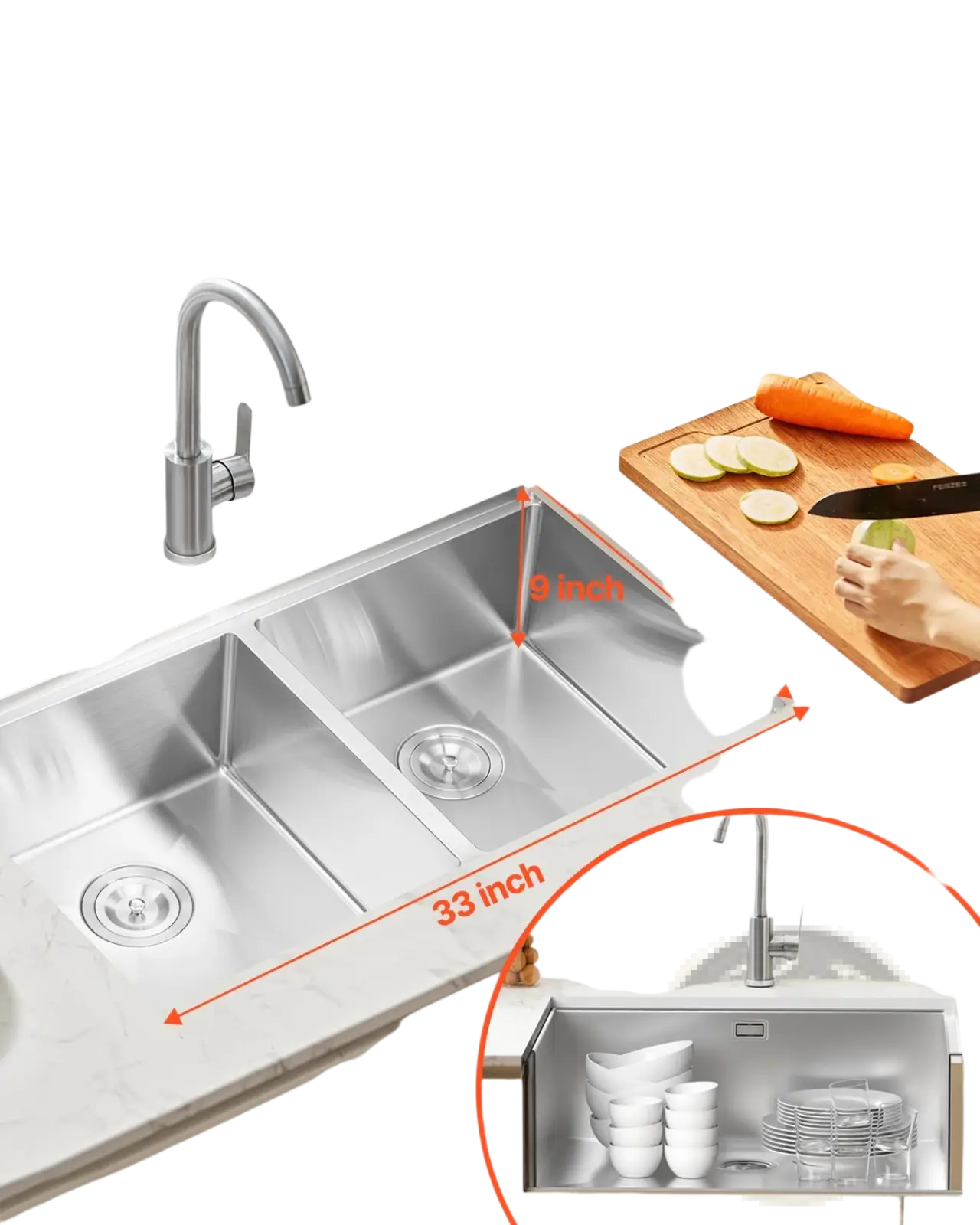 33 Inch Stainless Steel Double Bowl Workstation Sink