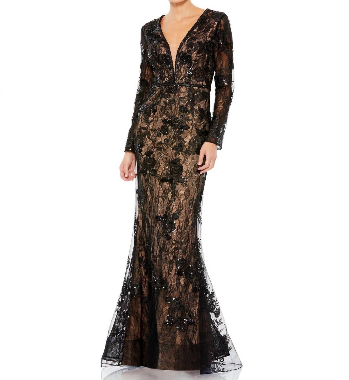 Mac Duggal - Long Sleeve Beaded Lace Dress