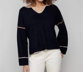 Charlie B - Embroidered Ribbed Sweater With Notch Neck