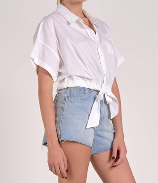 Elan - Tie Waist Short Sleeve Button-down Top