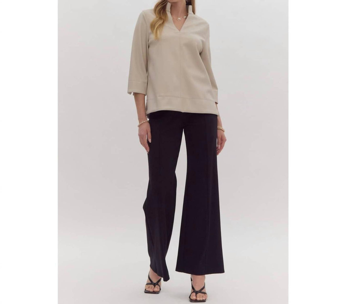 Style Usa - Faux Leather V Neck Top