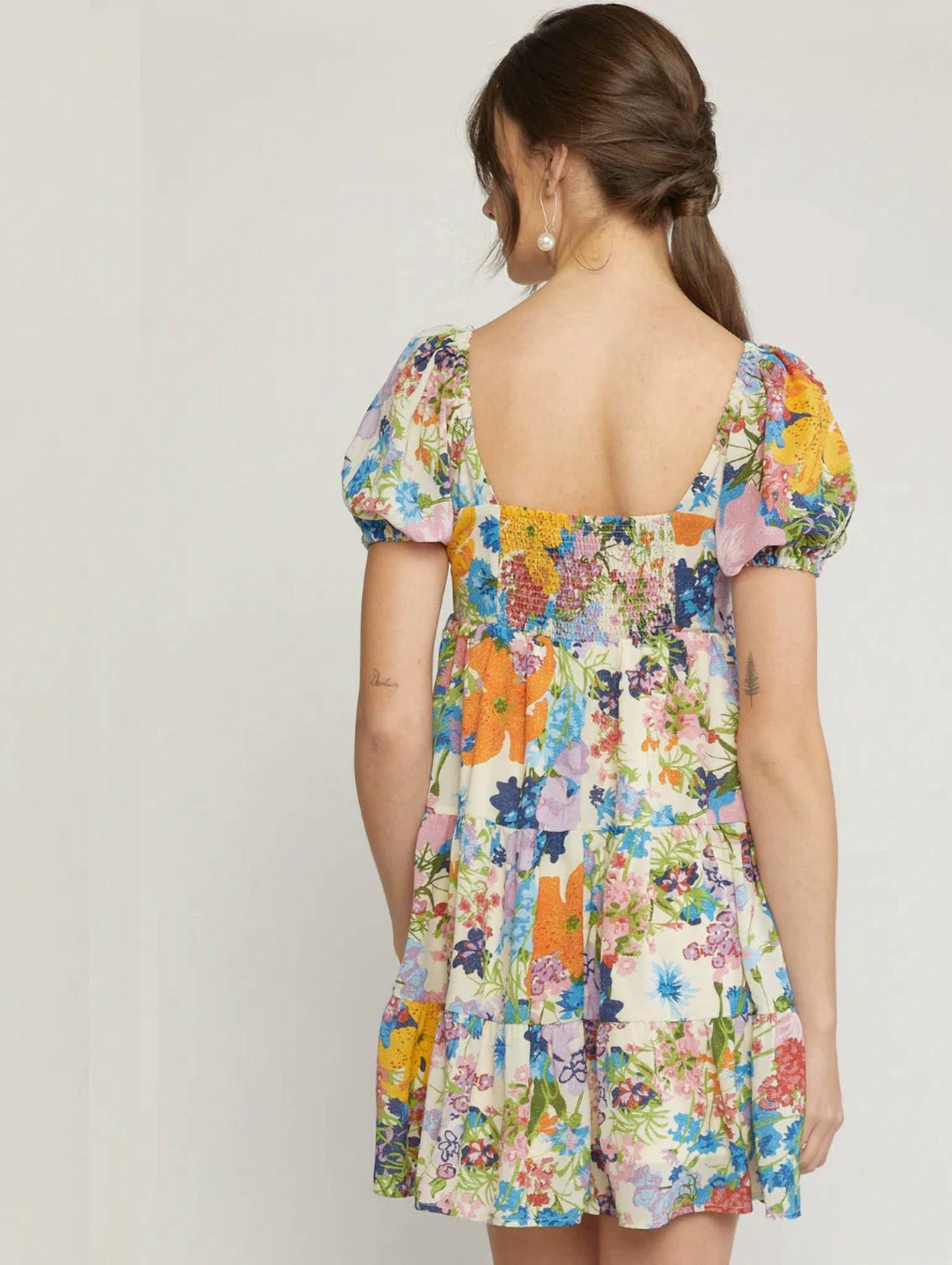 Entro - Floral Print V-neck Puff Sleeve Babydoll Dress