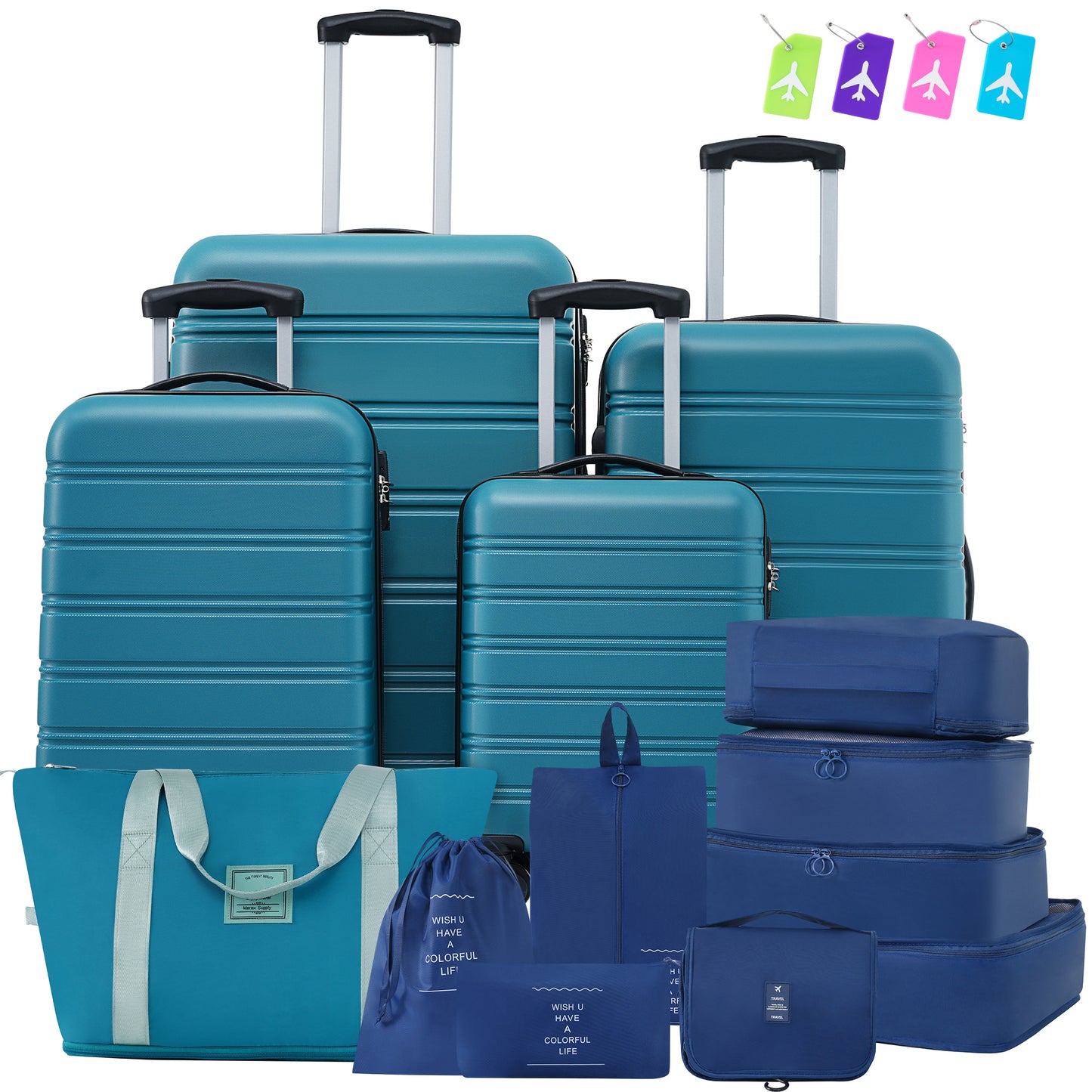 Expandable Hardshell 4-Piece  Luggage Set — (16", 20", 24", 28") Turquoise