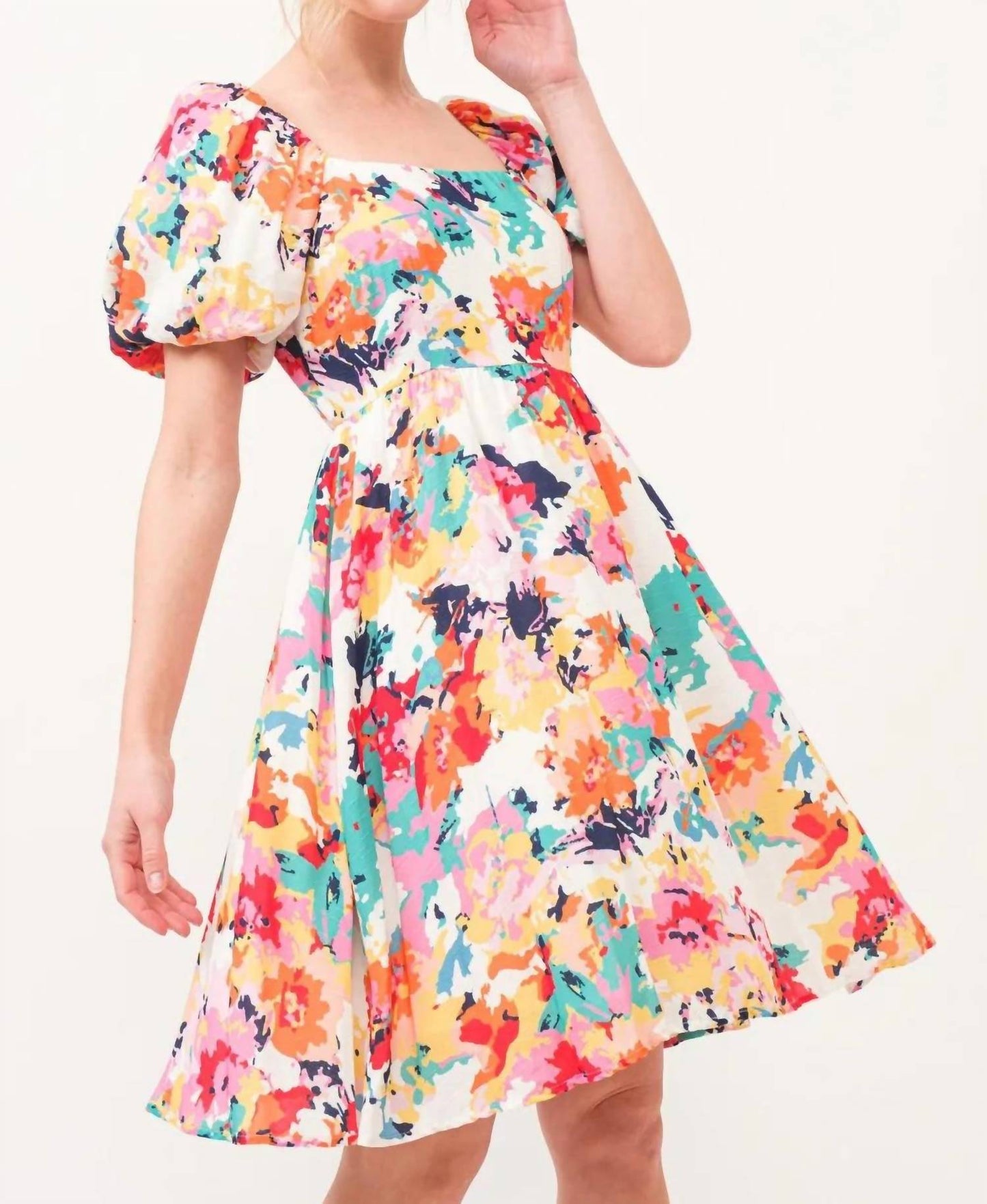 And The Why - Square Neck Puff Sleeve Floral Dress
