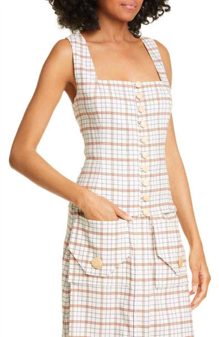 Nicholas - Square Neck Button Front Pinafore Plaid Tank Top