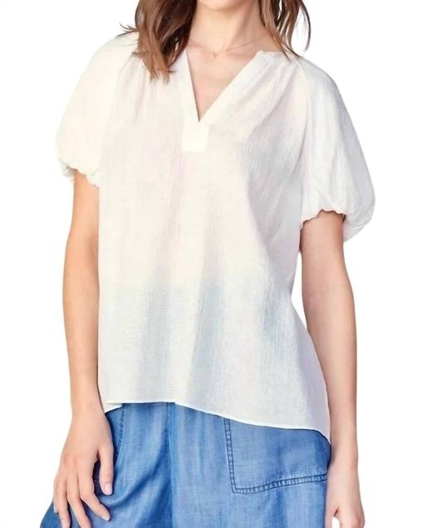 Current Air - Gathered Detail Split-neck Short-sleeve Blouse