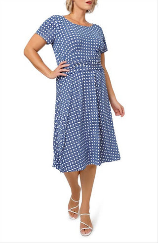 Leota Women's Brittany Print Fit & Flare Jersey Midi Dress Blue Size 1X