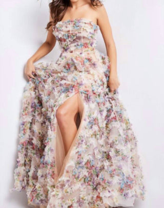 Jovani - Floral Strapless Maxi Gown
