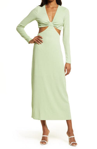 Fourteenth Place Sol Side Cutout Long Sleeve Midi Dress  Pistachio