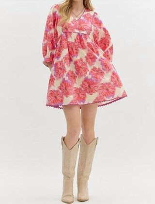 Entro - Floral 3/4 Sleeve Babydoll Mini Dress